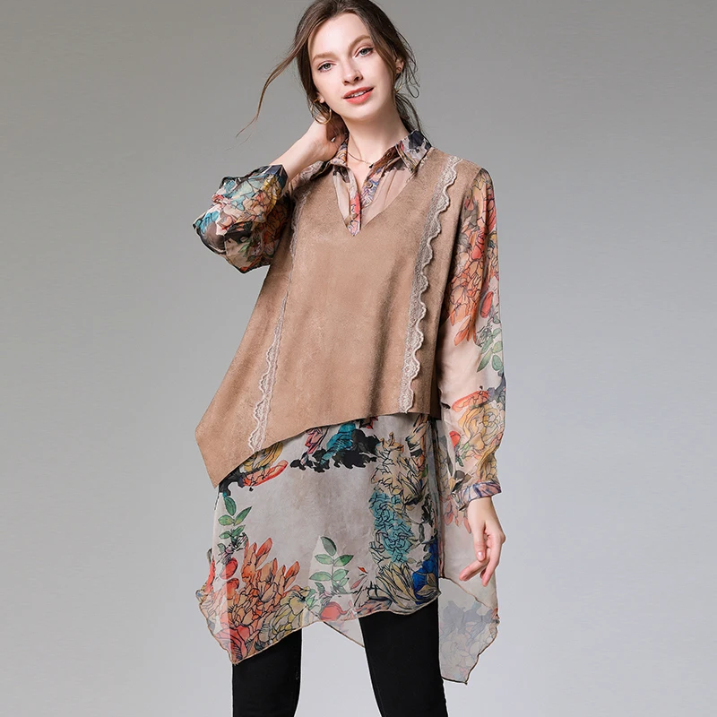 Весна Свободный Асимметричный замшевый Топ Цветочный шифон пэчворк длинный