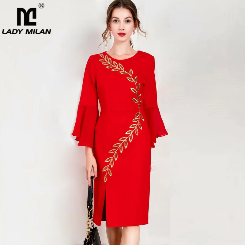 

Women's Runway Dresses O Neck Long Sleeves Beaded Ruffles Front Split Elegant Sexy Pencil Dress Vestidos