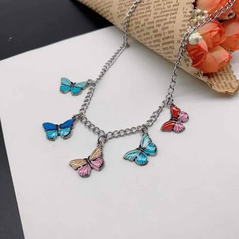 

Stainless Steel Colorful Butterfly Choker Necklace Cuban Chunky Chain Necklaces U4LF