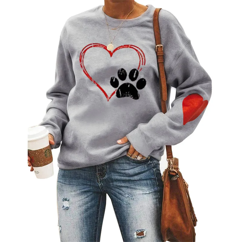 

New Women's Round Neck Loose Sweatshirt Valentine's Day Love Dog Print Arm Love Sports Cotton Long Sleeve Sweater