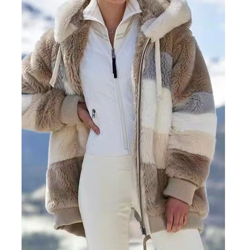 

2020 Women's Winter Coat Casual Fashion Stitching Plaid Ladies Clothes Zipper Hooded Ladies Coat Lamb Hair women jacket hoodie