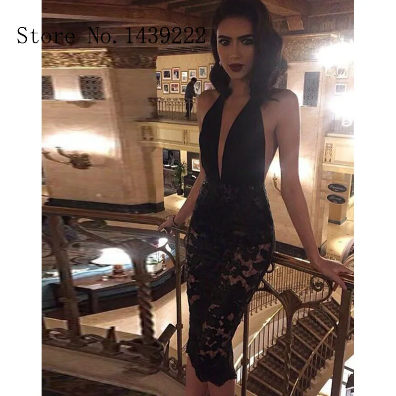 

New Arrival Black Lace Simple Evening Dress Deep Celebrity Formal Dresses Robe De Soiree Evening Party Backless