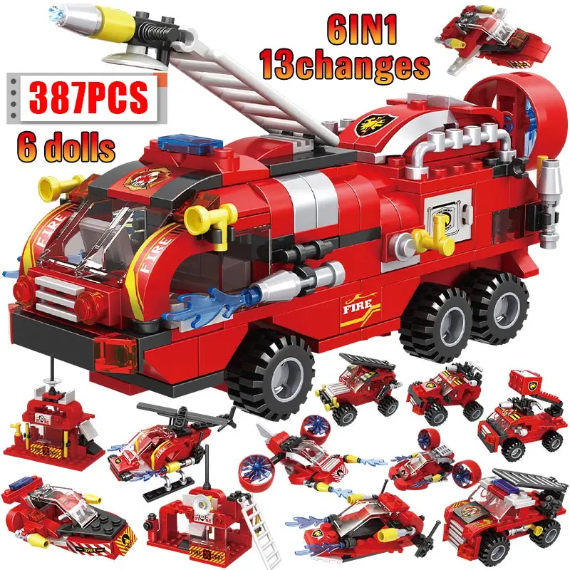 

City Police Fire Station 6 IN 1 Building Blocks Creator Fire Car Brigade Helicopter Boat Education Bricks Toys For Children Gift