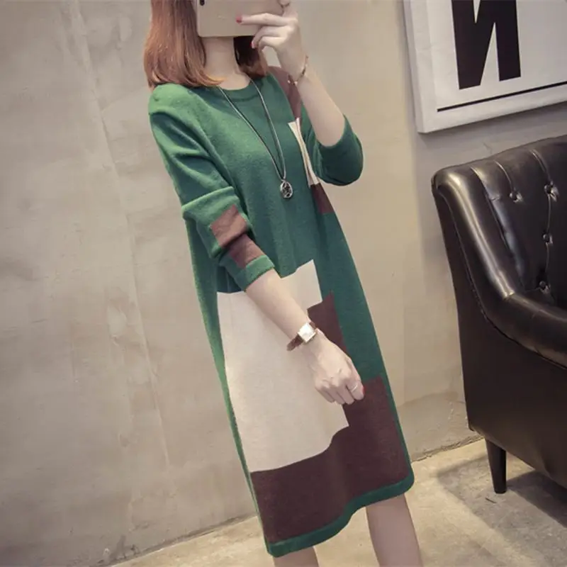 2019 Новая Женская осенне зимняя мода плюс размер 3xl трикотаж женское платье свитер