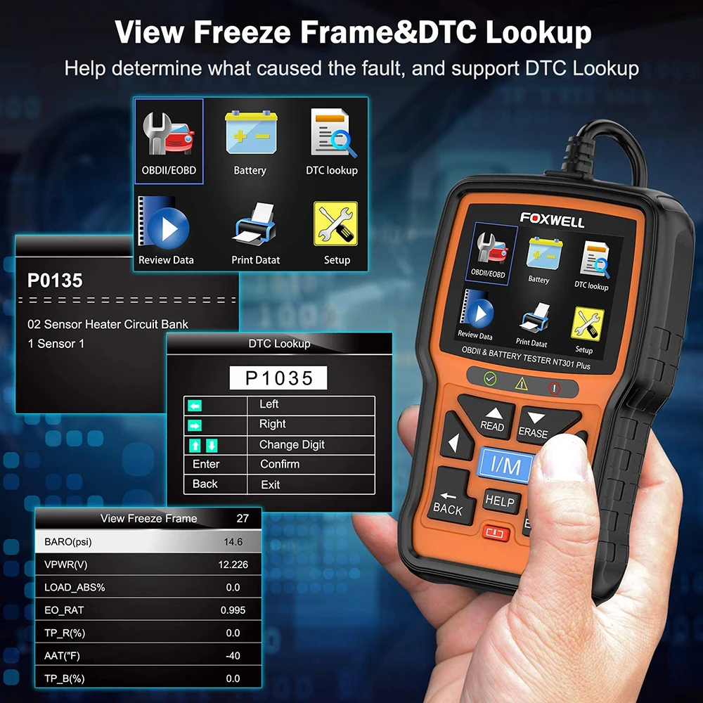 FOXWELL NT301 Plus OBD2 сканер 12 В тестер автомобильного аккумулятора EOBD OBDII считыватель