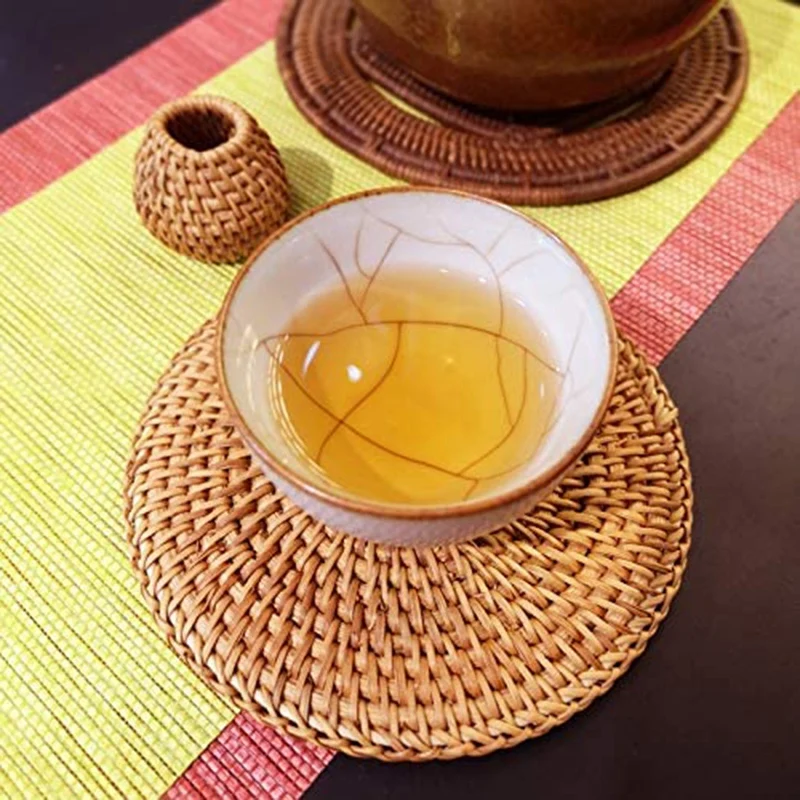 

MLGB 6 Pcs Round Handmade Braided Table Mats Natural Rattan Placemat Heat Resistant Mats Farmhouse Weave Placemats for Dining
