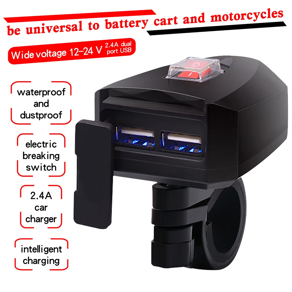 

12V Waterproof Motorbike Motorcycle Handlebar Charger 5V 2.4A Adapter Power Supply Socket Dual USB Ports for Phone Mobile