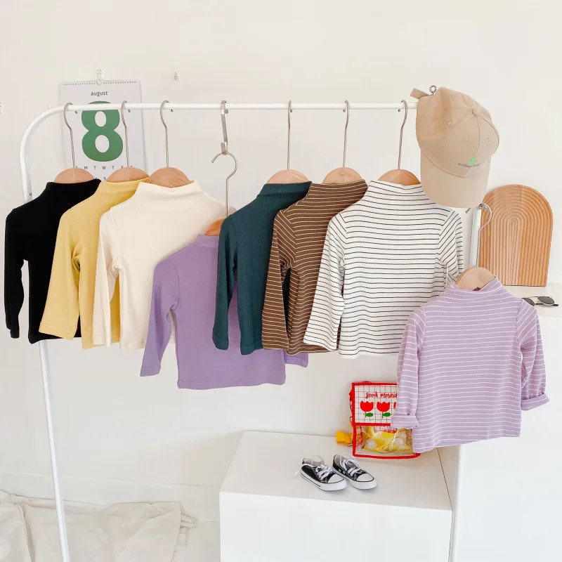 

Children's bottoming shirt autumn and winter style striped long-sleeved bottoming shirt kid's all-match half high collar top