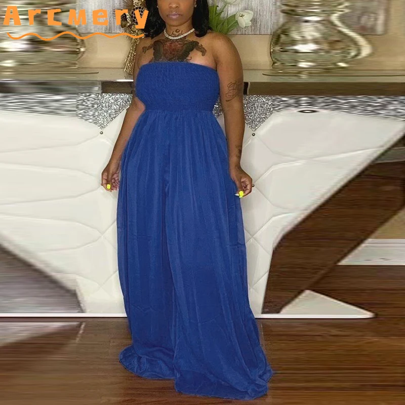 

Women Oversize Strapless Wide Leg Solid Casual Jumpsuits