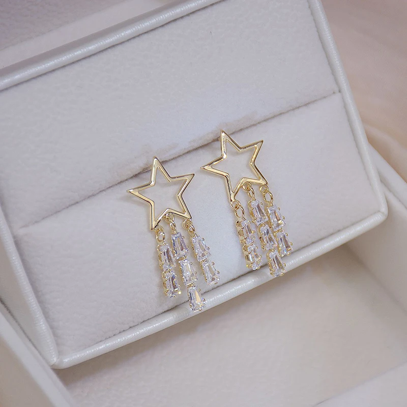 

14k Real Gold Shine Tassel Crystal Star Women Earring Popular High Quality Zircon Drop Earring Bohemia Wedding Jewelry Pendant