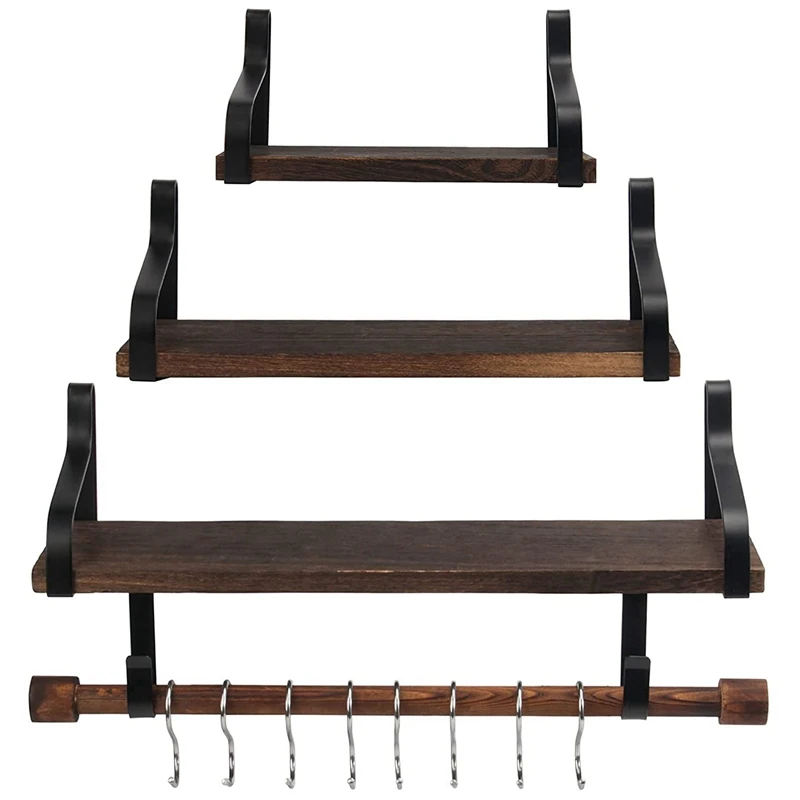 

Wall-Mounted Shelf Set Rustic Wooden Wall Shelf with Rails and Towel Bar Bedroom Bathroom and Kitchen Storage Rack