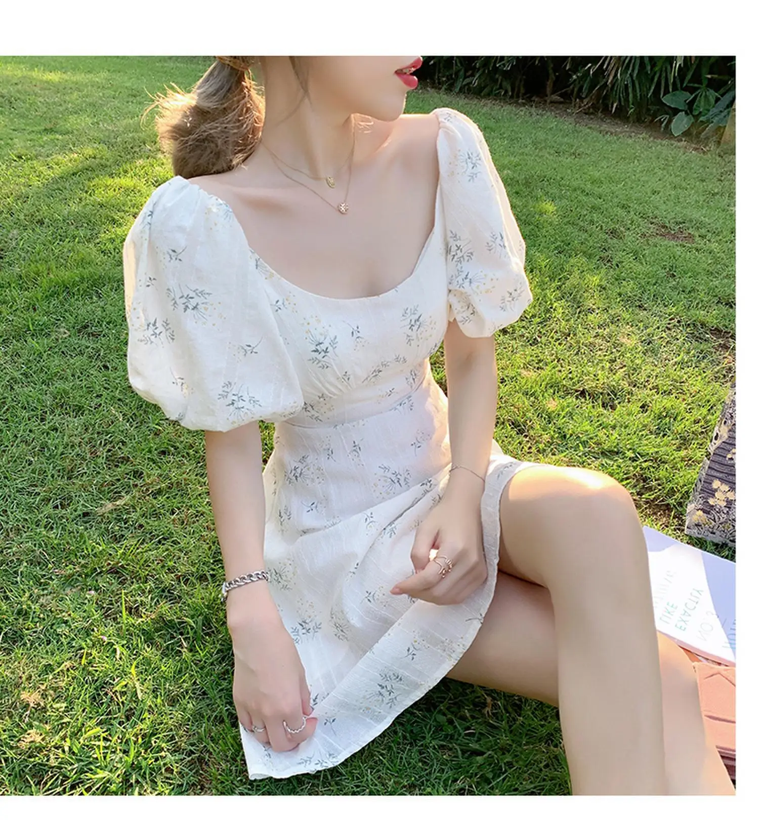 

Cotton Floral Dress Mini A-line Puff Sleeve 2021 Summer French Elegant Korean Short Robe Party Romantic Beach women Jurk