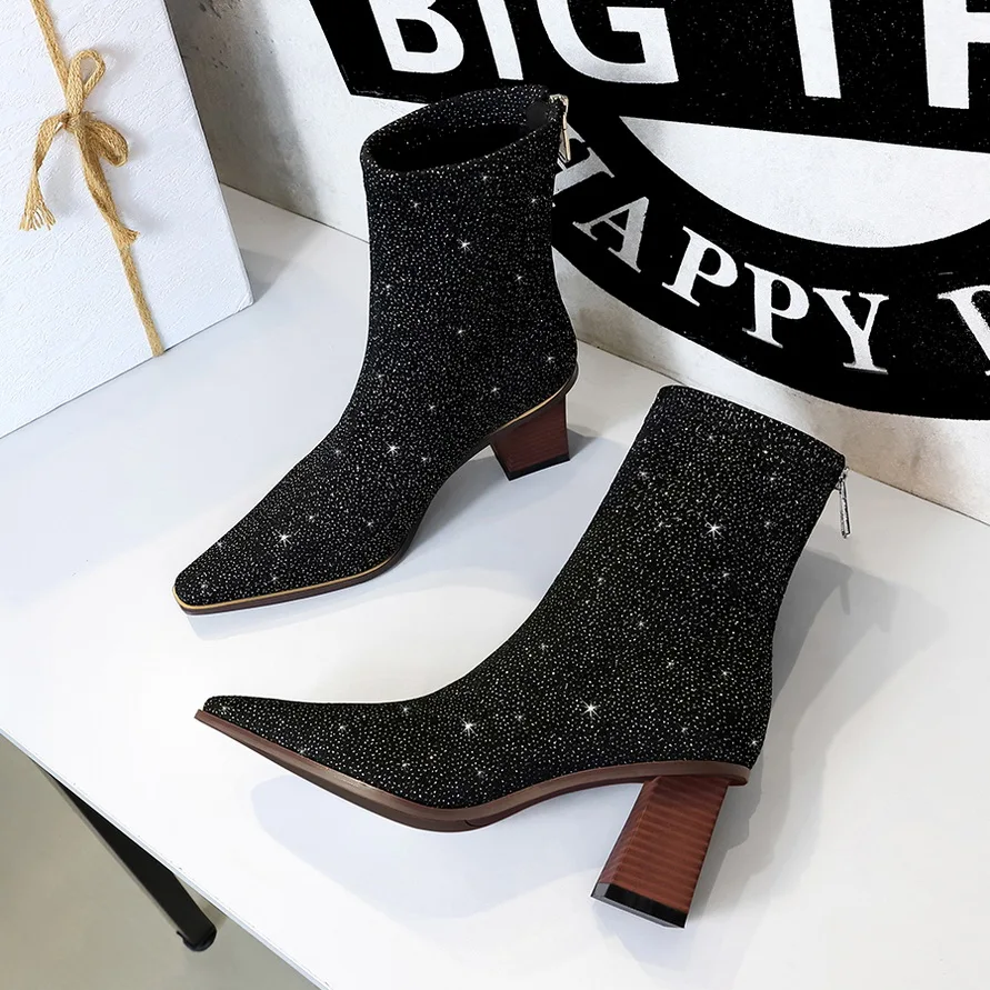 

BIGTREE Boots Women Sequins Ladies Ankle Boots Sexy Short Boots Wood Grain Heel Women Shoes Pointed Toe High-heel Boots Zipper