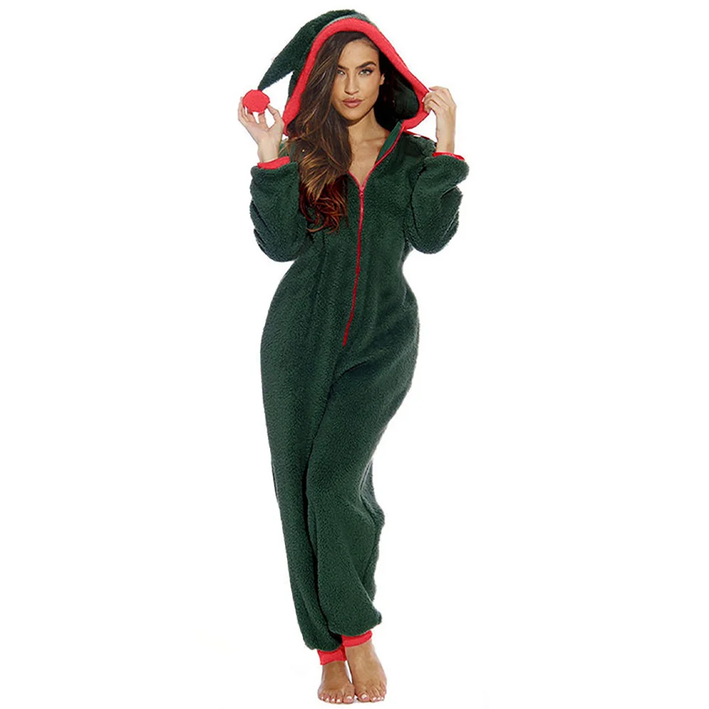 

Autumn and Winter Women's Home Clothes Christmas Clown Hat Plush Zipper Jumpsuit Onesie Pajama for Women