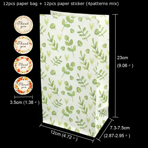 Green Leaves 12 шт цветы бумажные подарочные пакеты с благодарностью бумажные наклейки крафт подарок конфеты Упаковка Бумажные пакеты Свадьба День Рождения Вечеринка украшения - Цвет: Green Leaves
