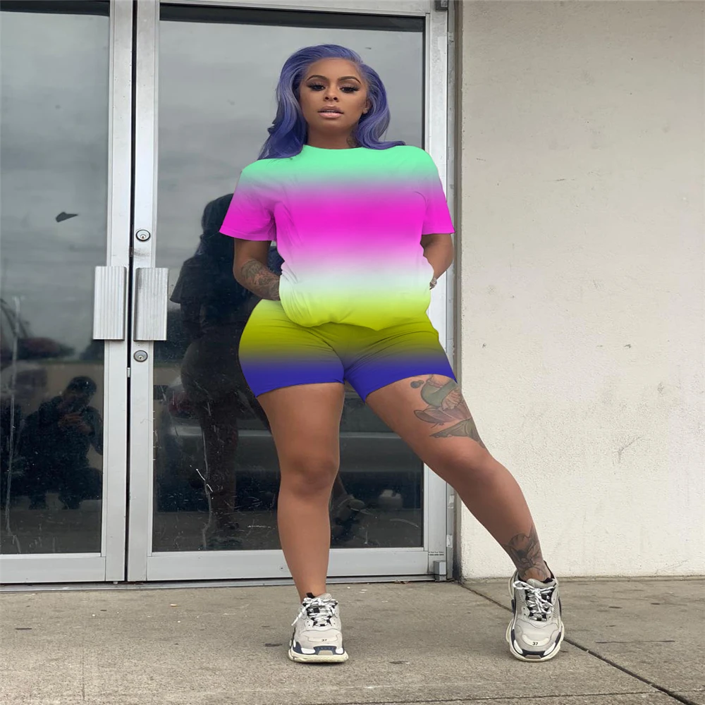 

Zh8505 European American spring and summer leisure fashion women's wear wish rainbow gradient positioning printing two piece set