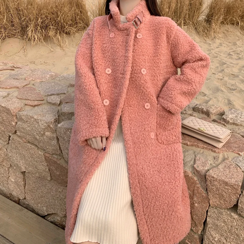 Однотонное шерстяное пальто из овечьей шерсти женские зимние теплые толстые