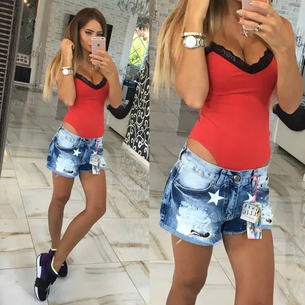 

Clearance Sale Summer Sexy Lace Bodysuits Women Floral Embroidery Deep V Neck Sexy Bodysuit Dot Patchwork Jumpsuits for Women