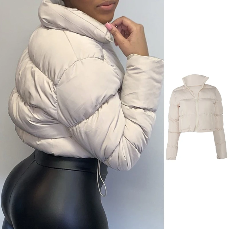 

Women Winter Long Sleeve Puffer Jacket Zip Up Solid Color Cropped Bubble Coat Drawstring Hem Quilted Parkas with Pockets