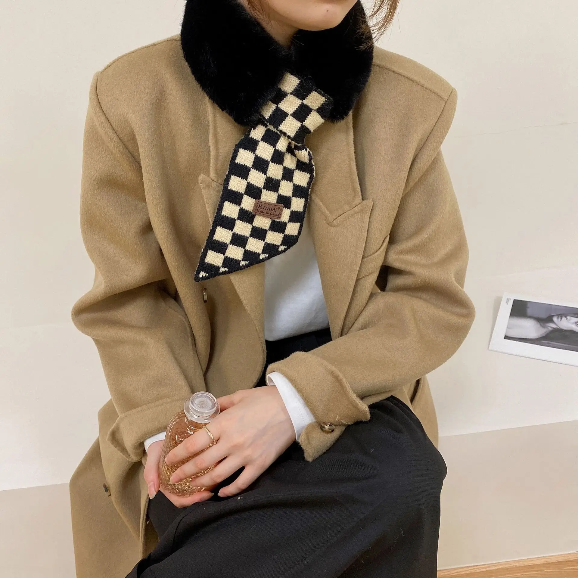 

воротник меховой шарф женский зимний 2021 Новинка 2021, вязаное кольцо для шарфа с рисунком «гусиная лапка», женское роскошное зимнее черное и б...