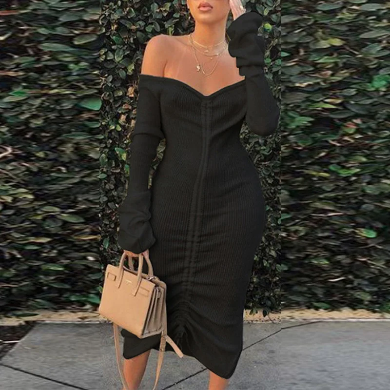 

Women Sexy Off Shoulder Long Sleeve Dress Elegant Bow Hollow Out Party Dress Fashion Wrap Slim Solid Mini Pleated Dress Vestidos