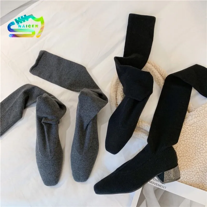 

NAICEN Shoes Women Elastic Over The Knee Long Boots Sexy Pointed Toe Low Heel Ladies Thigh High Boots Black Boots Chaussures