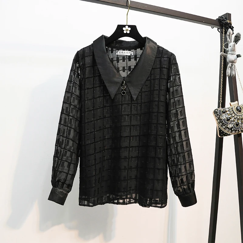 

Black Plaid Chiffon Long Sleeved Plus Size Korean Autumn Elegant Fashion Blouses And Tops Women'S Oversize Shirt Clothing 2021