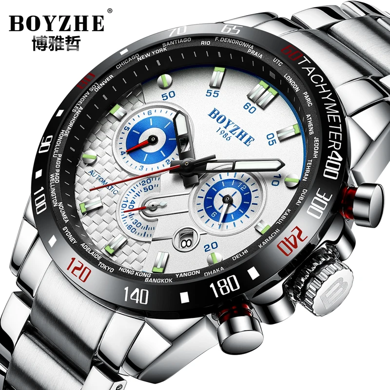 

BOYZHE Luminous Classic Automatic Watches Sprots Military Mechanical Watch Men Chronograph Calendar Stainless Steel Wrist Hours
