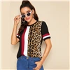 SHEIN Color Block Cut-and-Sew Leopard Panel Top Short Sleeve O-Neck Casual T Shirt Women Summer Leisure Ladies Tshirt Tops