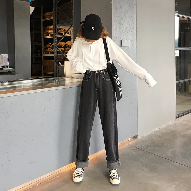 Mooirue Джинсы бойфренда для женщин однотонные прямые Harajuku уличная Высокая талия повседневные винтажные корейский стиль женские джинсовые брюки