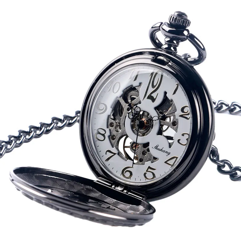 Steampunk Black Hollow Out Case Men's Handwinding Mechanical Pocket Watch Dad Design Pendant Chain Clock Gift To Father Reloj