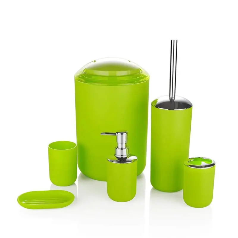 

6-piece bathroom accessory set with a variety of color options. plastic