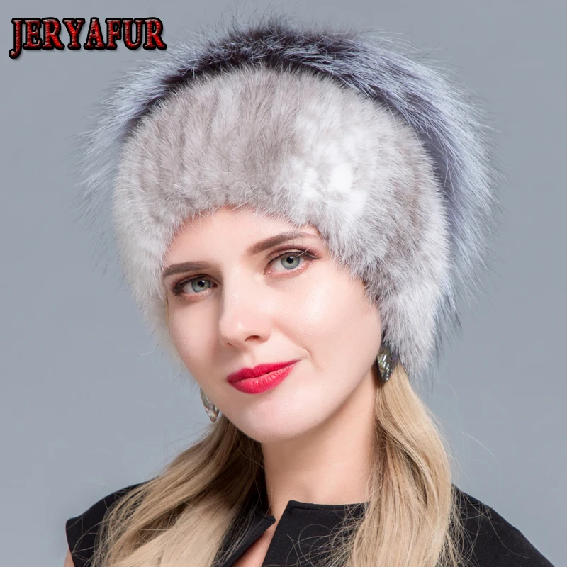 

Solid Mink Fur Hat Women Winter Korean Version Thickened Warm Bomber Hat Mink Hair Knitted Fox Hair Ball Wool Cap