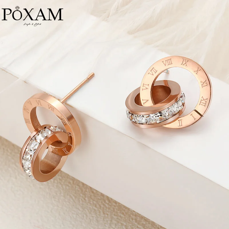 

POXAM Fashion Luxury Roman Numerals Round Intersect Crystal Small Stud Earrings for Women Man Punk Boy Girl Earring 2019 Jewelry