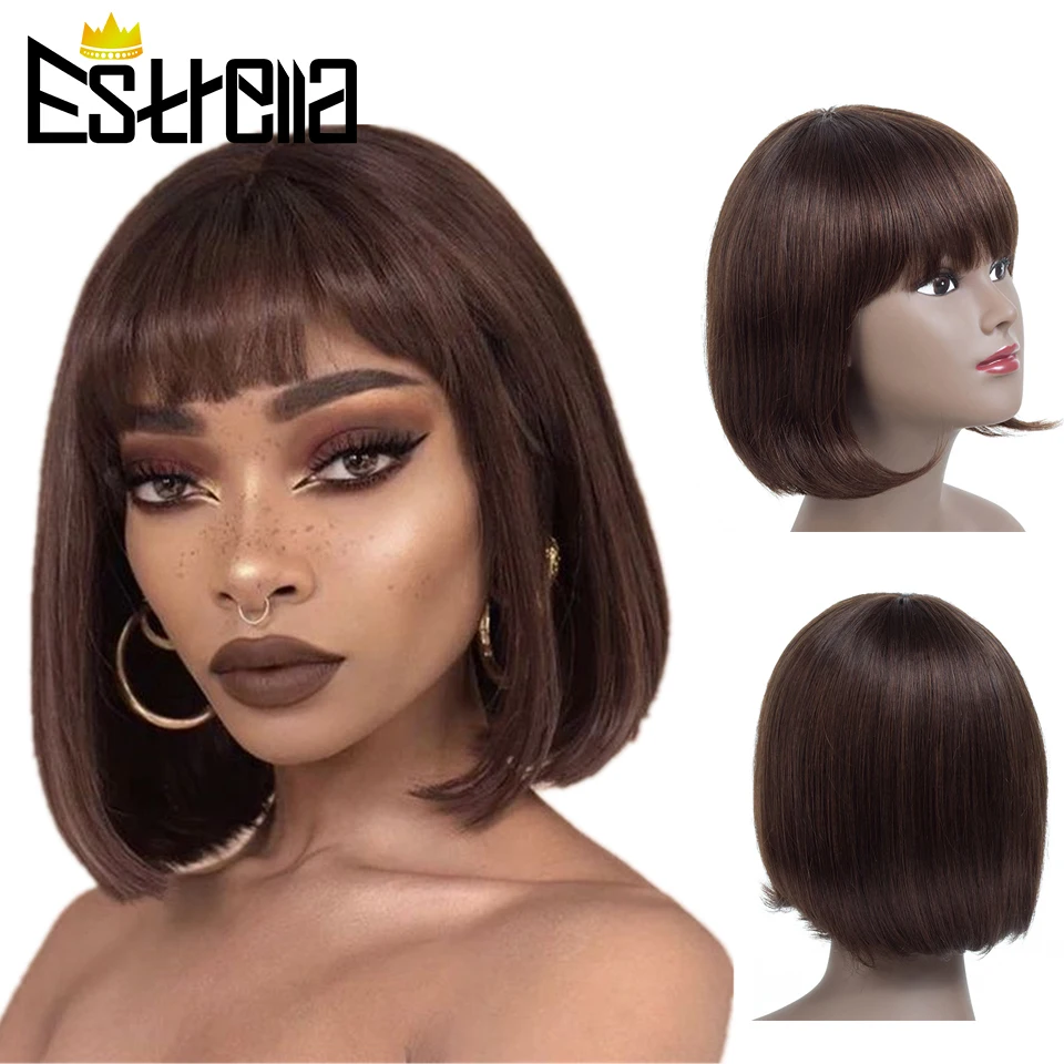 

Short Straight Black Bob Human Hair Wigs With Bangs Brazilian Non-remy 100% Human Hair Wigs For Women 10inches H.BRZANICE 100g
