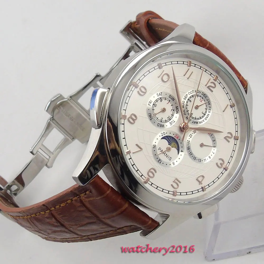 44 мм parnis белый циферблат кожаный ремешок разворачивание фазы Луны Дата День