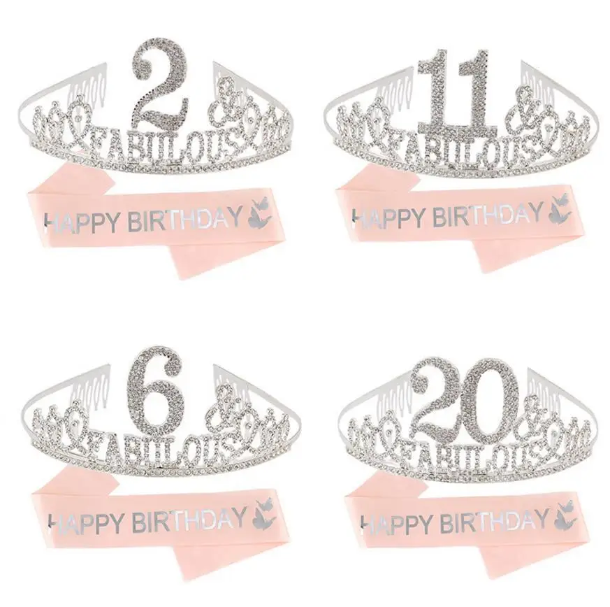 

Birthday Sash Tiara Set Party Decor Women Girl Rose Gold Belt Rhinestone Crystal Crown Cake Topper Event Favor 20sets/lot