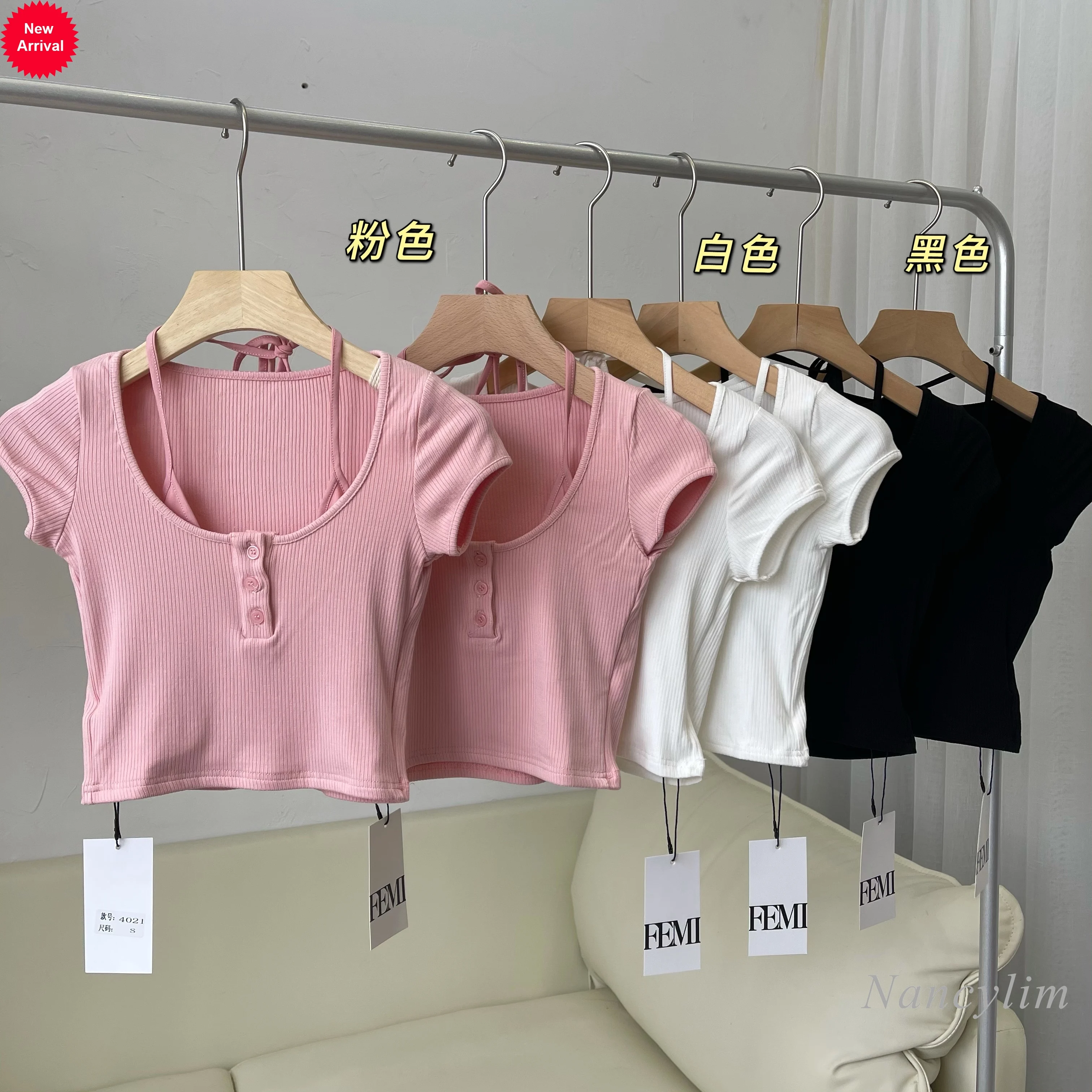 

Halter Spaghetti Straps Fake Two-Piece T-shirts Women's Summer Thin Short Sleeve Slim Top Girls Ladies Casual All-Match Tees