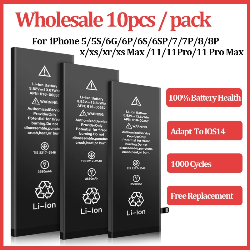 

10pcs/lot 0 cycles Battery For Apple 6S 6 7 8 Plus 5S 5 SE 6Plus 7Plus X XS 11 Pro Max Replacement Bateria For iPhone 6S 7