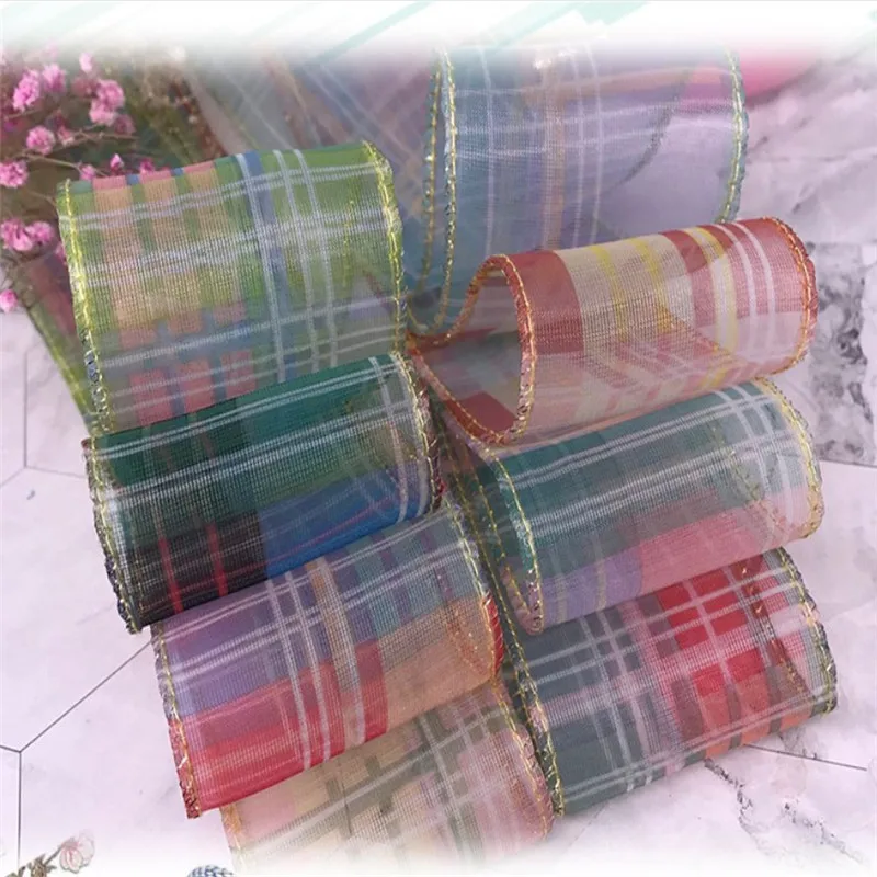 

5 yards Gold Edge Plaid Stripe Gauze Organza Stain Ribbon for DIY Craft Headwear Gift Packing Sewing Material
