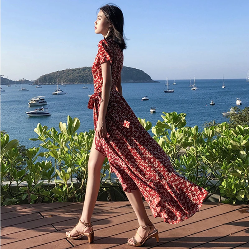 

Vintage Korean Burgundy Runway Dress Summer Women Floral Print Ruffle Maxi Dress Elegant Boho Vacation Tropical Long Beach Dress