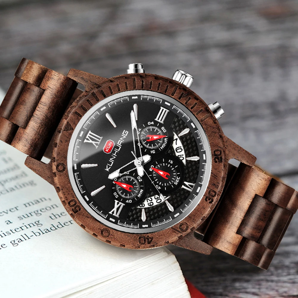 

Мужские деревянные часы, персонализированные военные спортивные часы с хронографом, Стильные повседневные кварцевые деревянные наручные ...