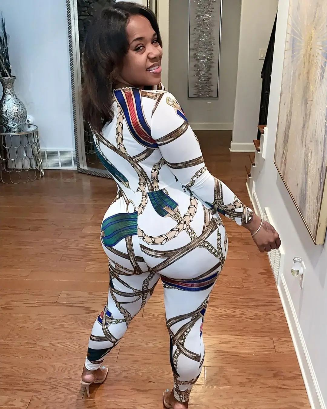 

SSEURAT Chain Print O-neck Long Sleeve Jumpsuit for Women Streetwear SKinny One Piece Overall Rompers 2021 Spring