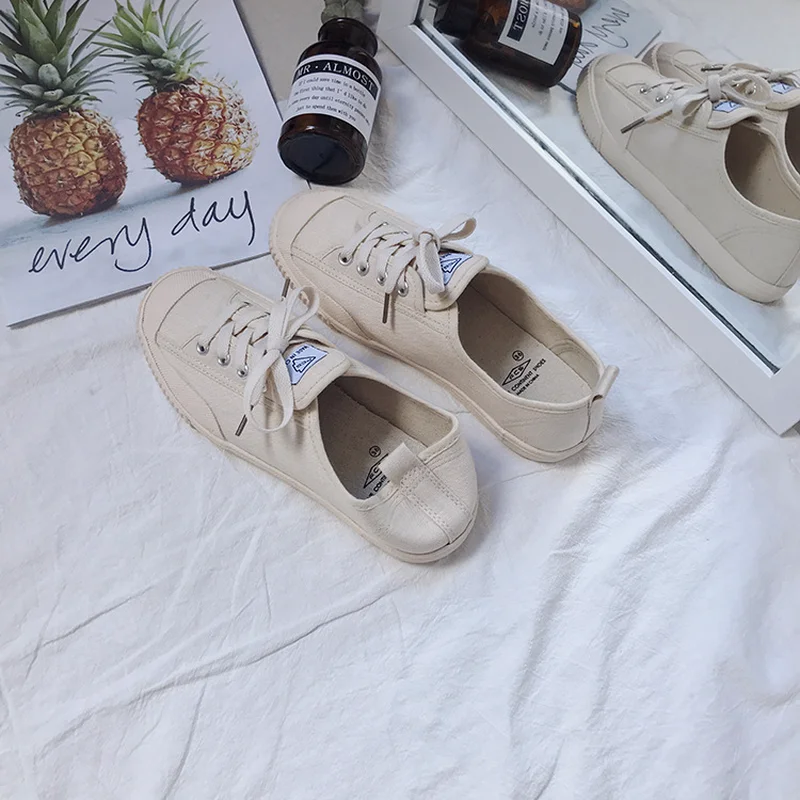 

Female Vulcanized Shoes Classic Canvas Shoes Woman Casual White Sneakers Round Lace Up Solid Women Shoes Retro F1-05