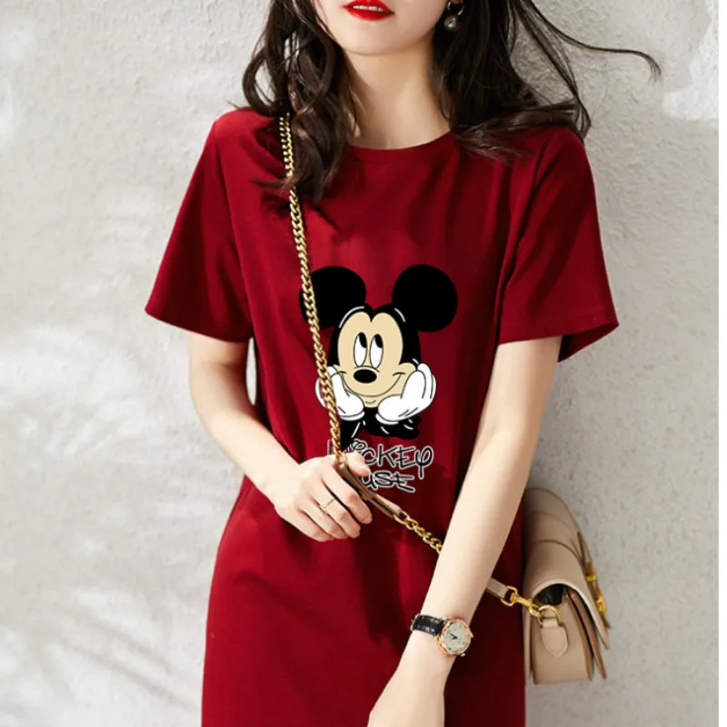 

2021 Mickey Cartoon Dress Ladies Summer Short-Sleeved Dresses Minnie T-Shirt Robes Red Print Midi Skirt Vestidos Casual Outfits