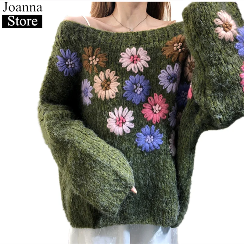 Весенний новый короткий свитер с вышивкой Женский винтажный свободный круглым
