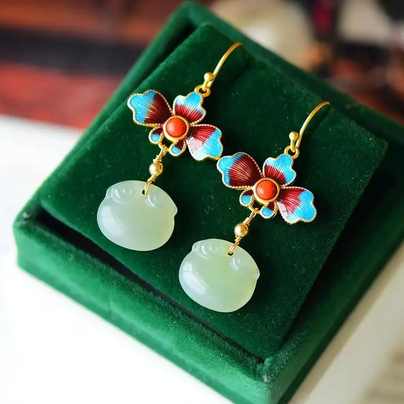

Chinese Style Cloisonne Earrings S925 Sterling Silver Gilding Hetian Jade Gray Jade Lock of Good Wishes Earrings Vintage Women's