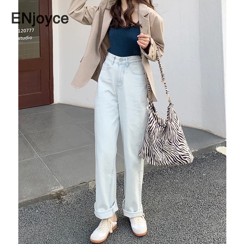 

Korean Style Light Blue Straight Jeans Women Fashion High Waist Wide Leg Casual Trousers Office Ladies Loose Denim Pants Spring