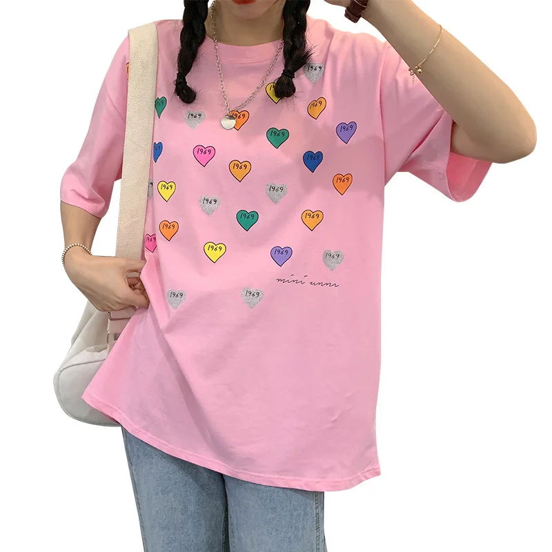 

Summer Short Sleeve Women T-shirts Round Neck Large Size Female Tops Cartoon Letter Love Print Cotton Harajuku Loose Long Tees