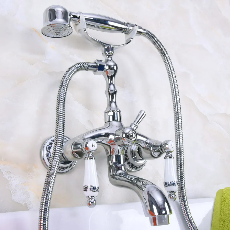 

Хромированный латунный настенный смеситель с двойной ручкой для ванной и ванны, набор с ручным смесителем для душа 1,5 м, кран 2na216